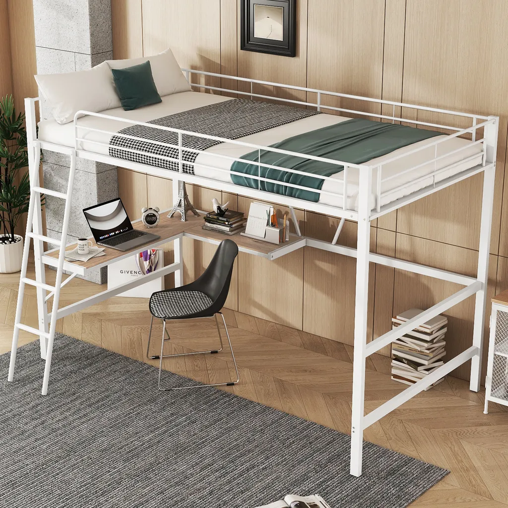Lit Mezzanine 90x200 cm Gain de Place avec Bureau pour Étudiant Blanc