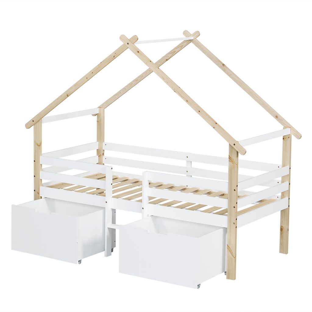 Kinderbett, Halbhohes Bett, Hausbett mit Dach, Vierseitiger Zaun, Mit Treppe, 2 Schließfächer mit Rädern,