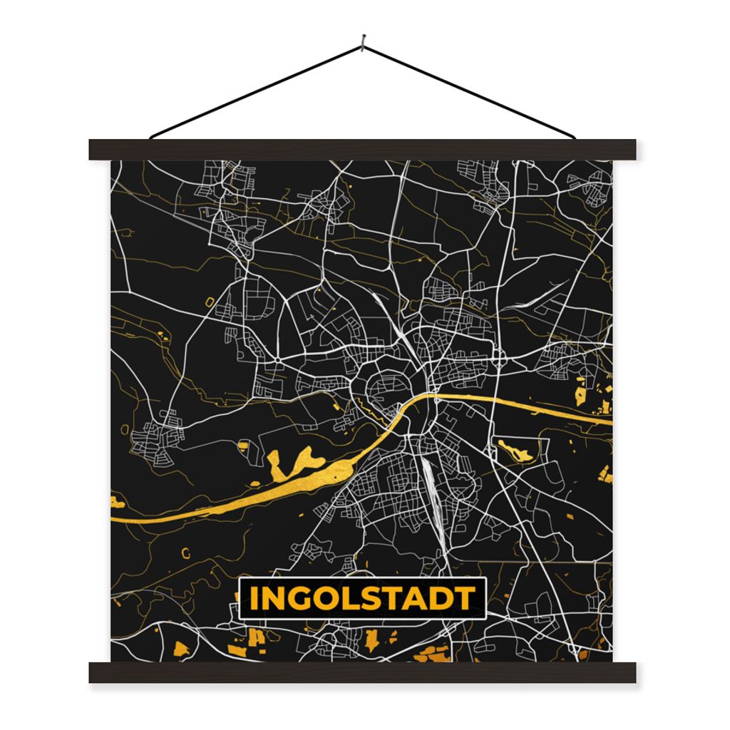 MuchoWow Textilposter Ingolstadt - Karte - Deutschland - Gold - Stadtplan 40x40 cm mit schwarzem Rahmen - Fotos