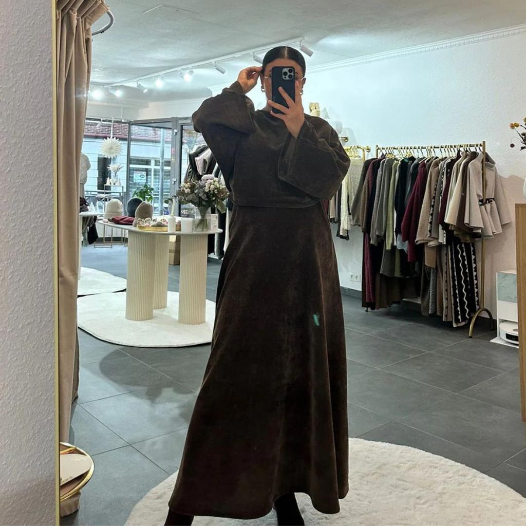Zweiteiler Set "Josi" Dunkelbraun, einem langen Rock & einem Oberteil in Cord-Optik, 2-teiler, Frauen Kleidung Zweiteilers Oberteil & Rock, Mode Set
