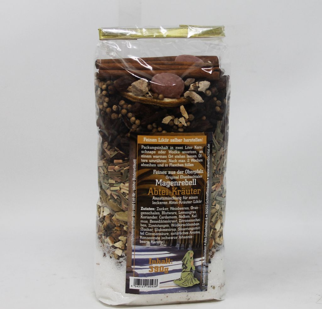 A clear shot of a product bag filled with ingredients, with a label on the front.