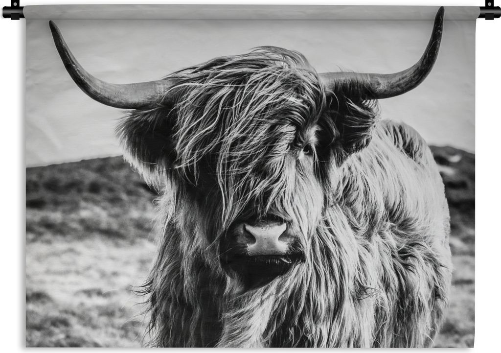 MuchoWow Wandteppich Wandbehang Schottischer Highlander - Natur - Kuh - Schwarz - Weiß 120x90 cm Tapisserie Dekoration Wandtuch - Wohnen - Aufh...