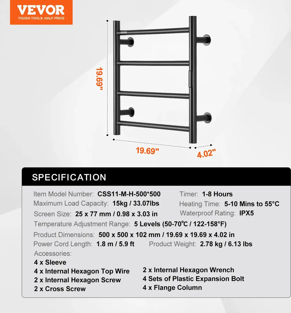 Sèche-serviette électrique noir, 4 barres, chauffage rapide mural