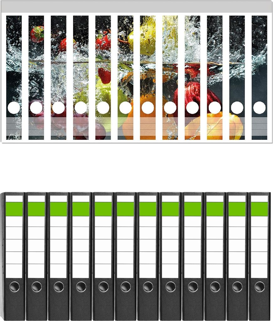 Wallario 12 Stück schmale Ordner inkl. Klebeetiketten mit Motive Früchte im und unter Wasser - Splashing Fruits - Set mit Rückenschildern / Ord...