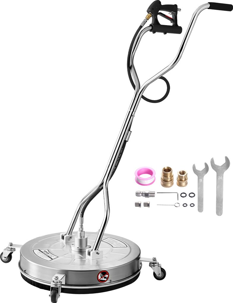 A pressure washer surface cleaner with accessories on a white background.