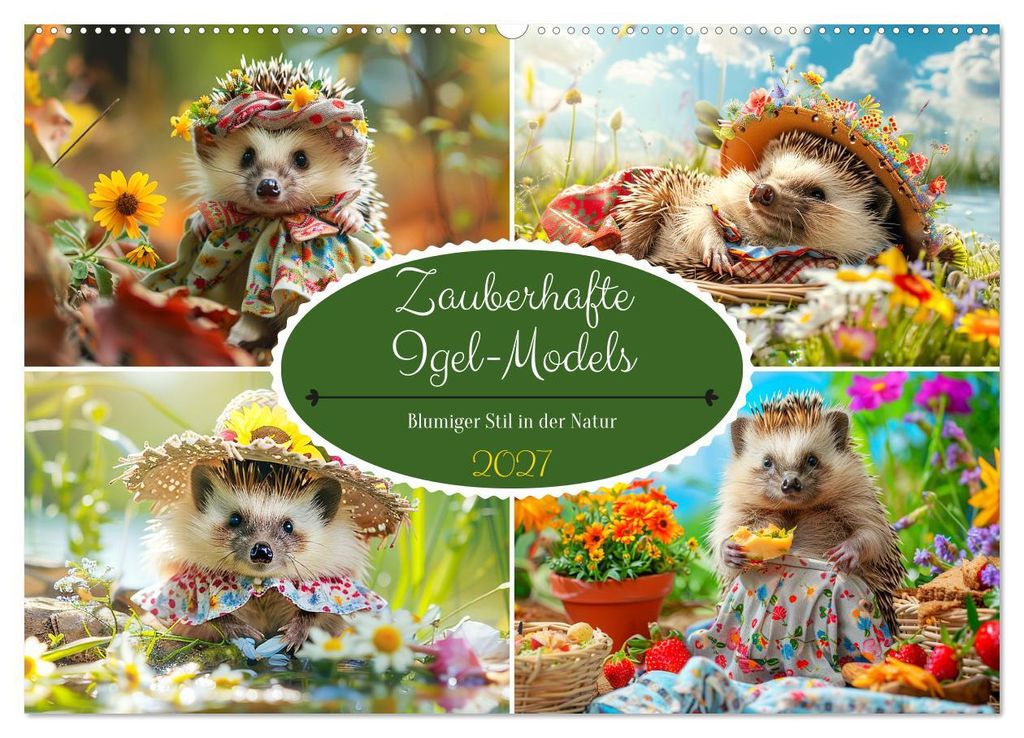 Zauberhafte Igel-Models. Blumiger Stil in der Natur (Wandkalender 2027 DIN A2 quer), CALVENDO Monatskalender