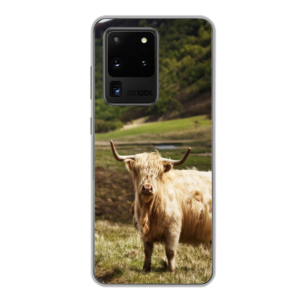 MuchoWow Handyhülle Schutzhülle Hülle für Samsung Galaxy S20 Ultra Schottische Highlander - Pfad - Wald Silikon Softcase Handy Hülle - Karte...