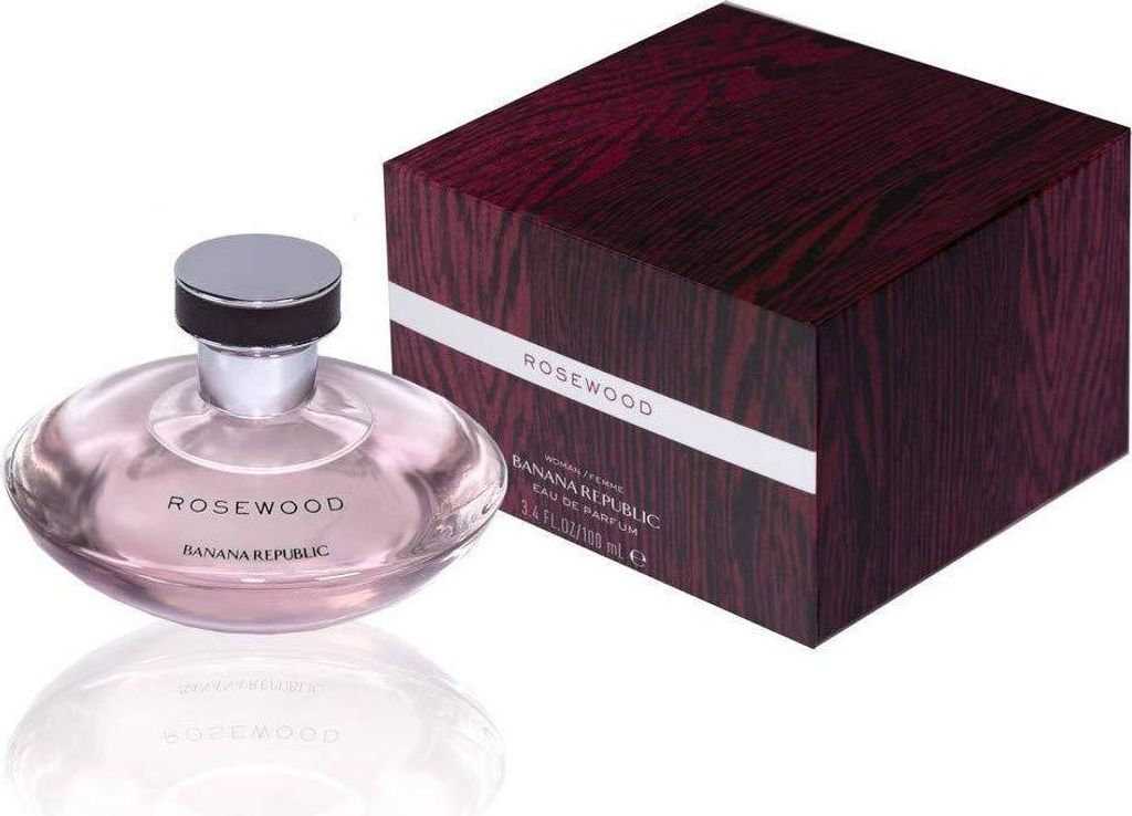A bottle of Banana Republic Rosewood eau de parfum and its matching box are displayed on a white background.