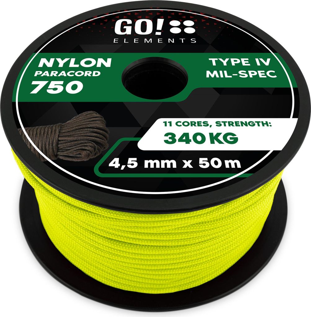 GO!elements 50m Paracord Seil aus reißfester Nylonschnur - 4,5mm Paracord 750 Typ IV Schnur - geeignet als Allzweckseil & Reepschnur - Max. 340kg,...