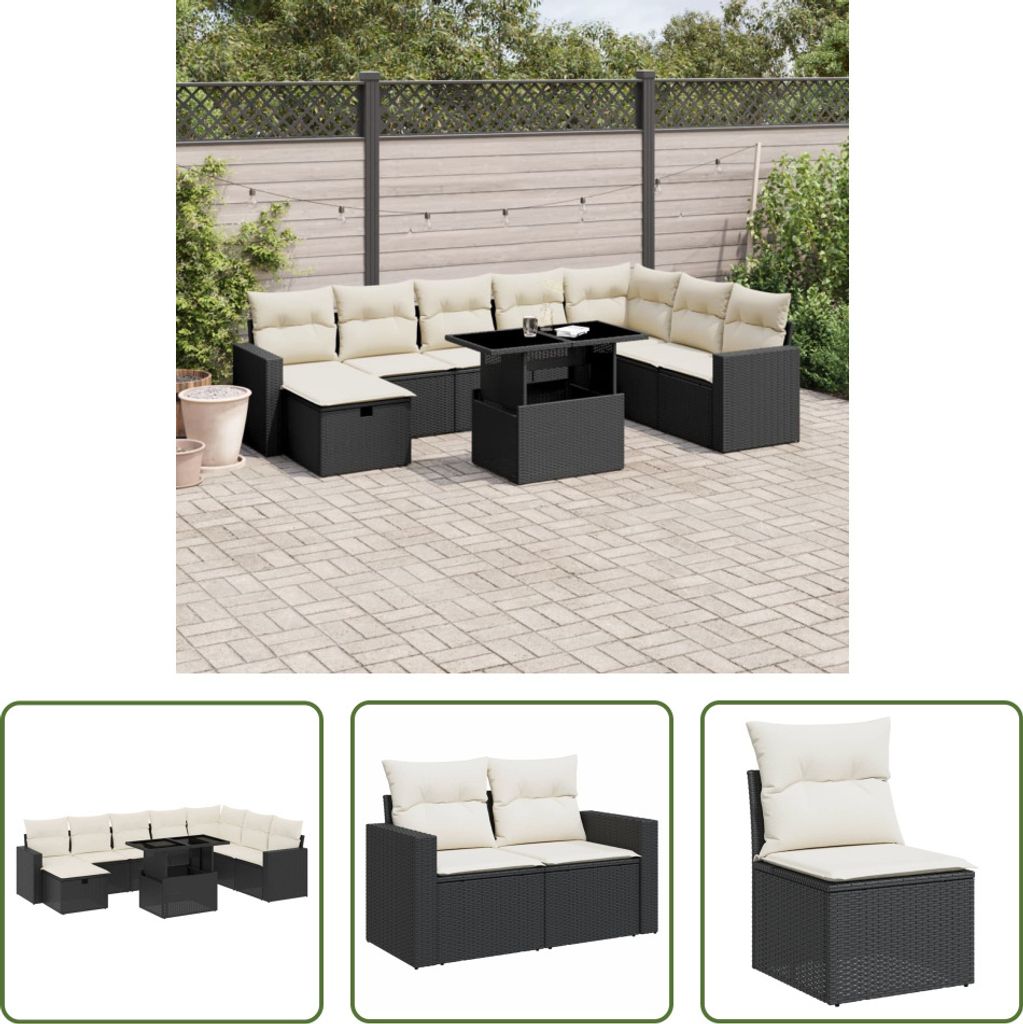 The Living Store 9-tlg. Garten-Sofagarnitur mit Kissen Schwarz Poly Rattan