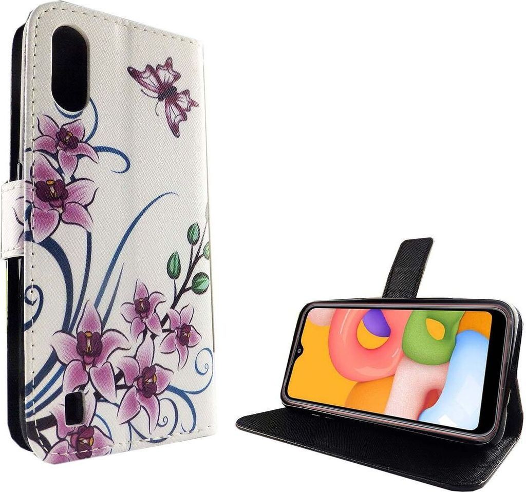 Samsung Galaxy A01 Tasche Handy Hülle Schutz-Cover Flip-Case mit Kartenfach Lotusblume