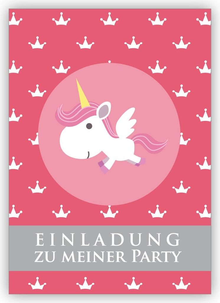 Süße rosa Einladungskarte für kleine Prinzessinnen mit Einhorn und Kronen: Einladung zu meiner Party
