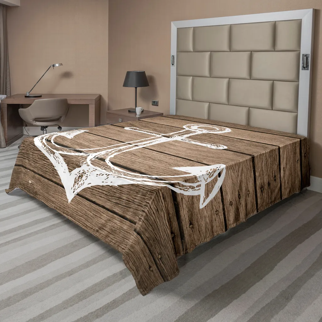 Drap de dessus doux motif marin esquisse bateau 260x228 cm taupe