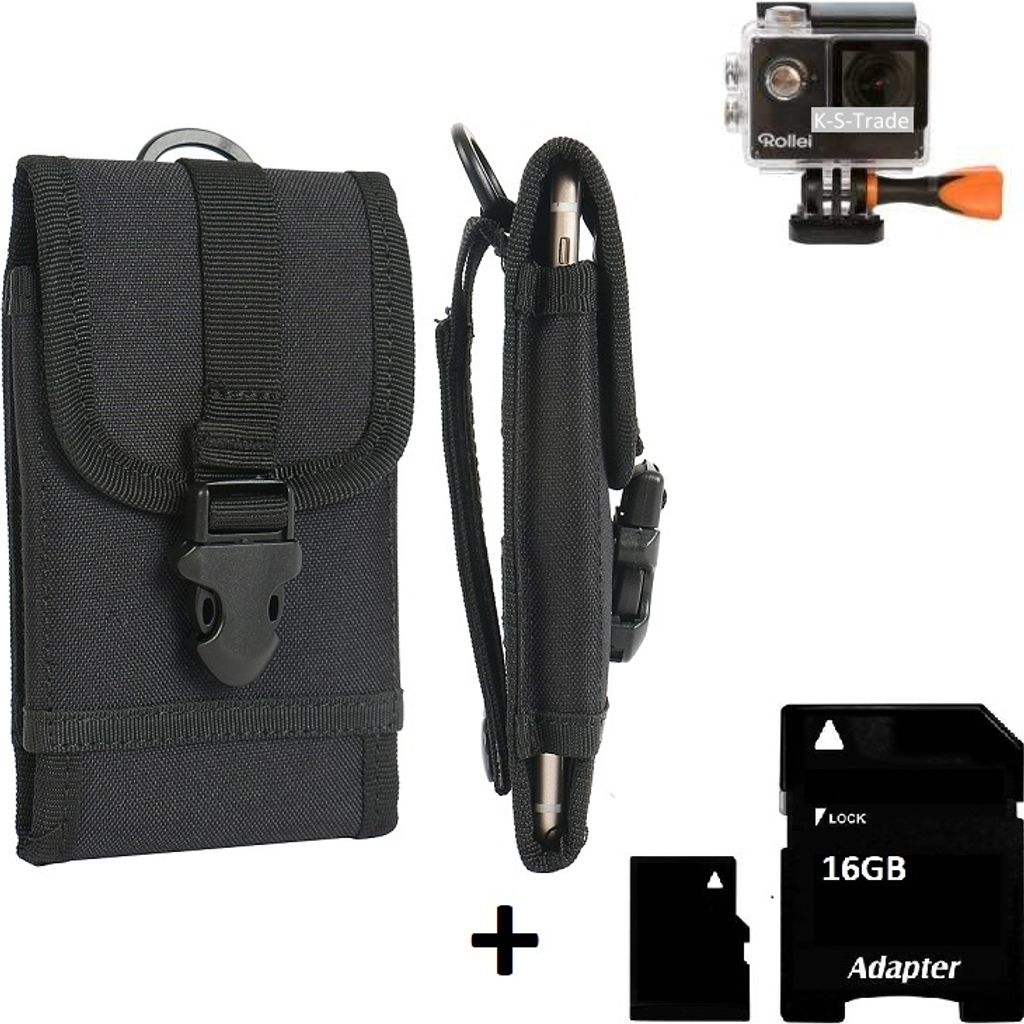 Gürteltasche für Kompaktkameras kompatibel mit Rollei Actioncam 425 Holster Kameratasche + 16GB Speicherkarte Gürtel Tasche wasserabweisend robuste