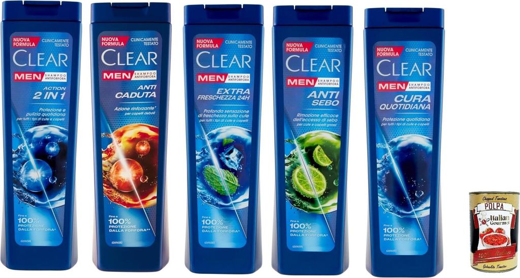 Clear Testpaket, Men Shampoo für alle Haar- und Kopfhaut Typen - Schuppen-Shampoo 5x 225ml + Italian Gourmet polpa 400g
