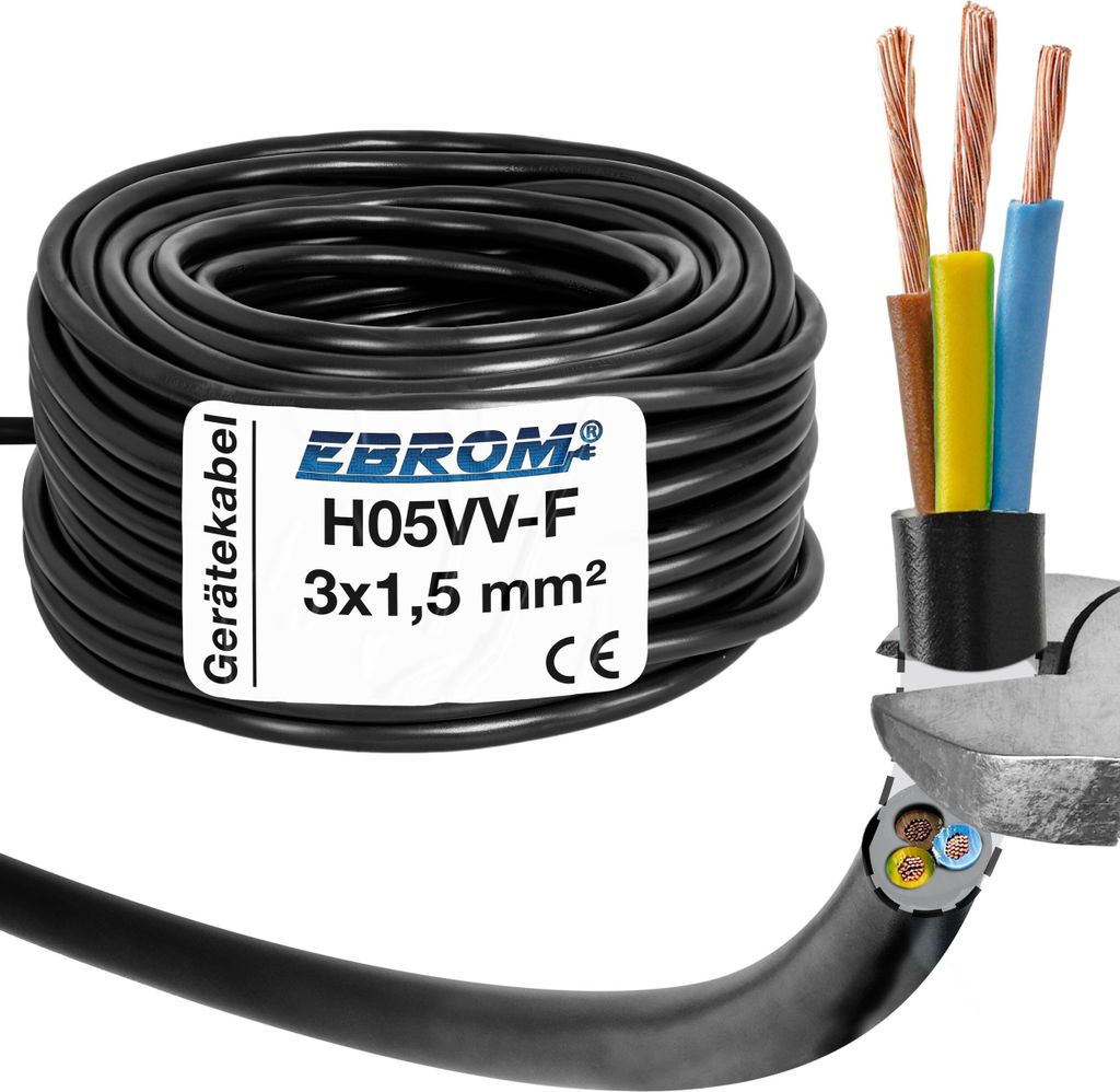 EBROM - 55 Meter Kunststoff Schlauchleitung rund LED Kabel Leitung Gerätekabel H05VV-F 3x1,5 mm2 - Farbe: SCHWARZ