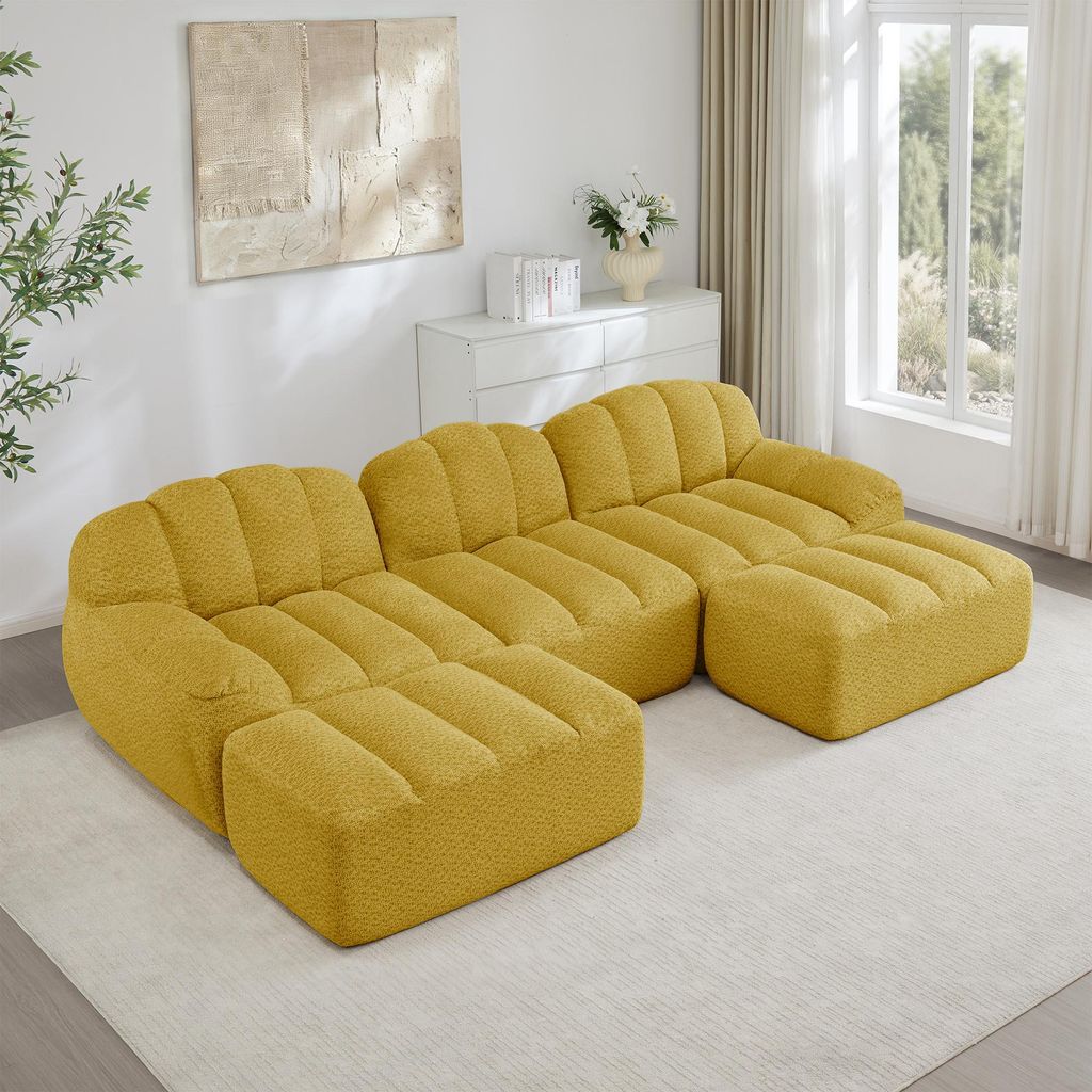 Modulares U-förmiges 3-Sitzer Sofa mit 2 Ottomans, Boneless Design, 32D Hochdichtschaum, tiefe Sitzfläche, weicher Stoff, Wohnzimmer Möbel