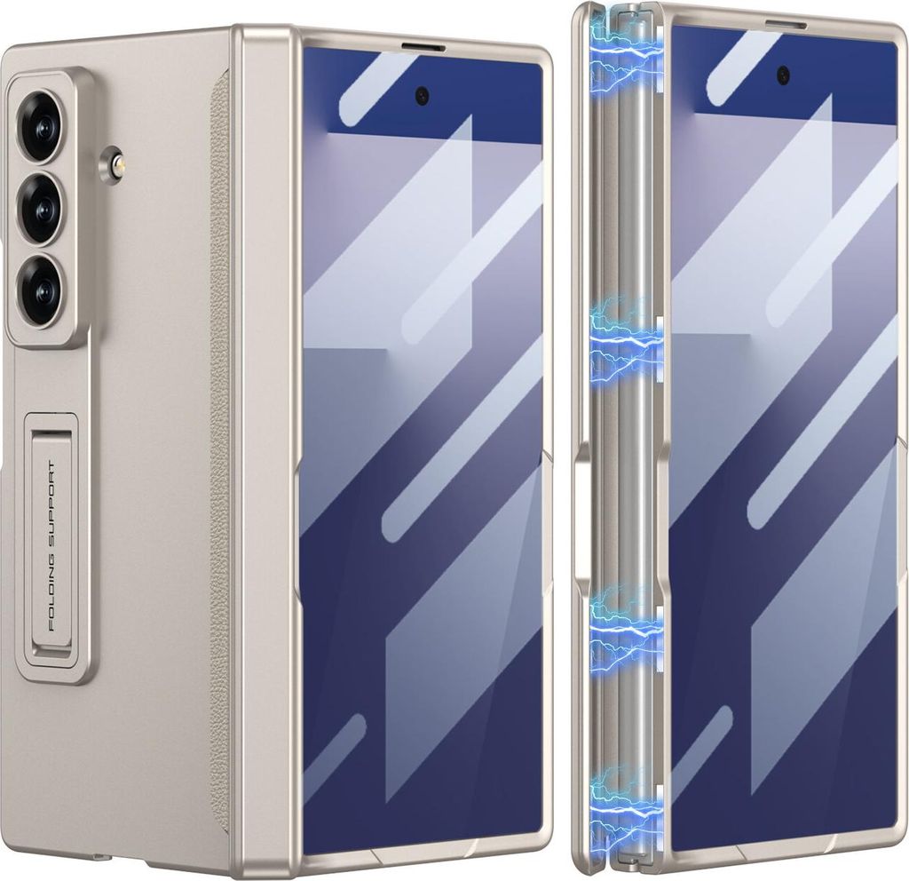 Hülle für Samsung Galaxy Z Fold 7 Magnetische Scharnierschutz All Inclusive Schutzhülle mit Displayschutz und Ständer Beige