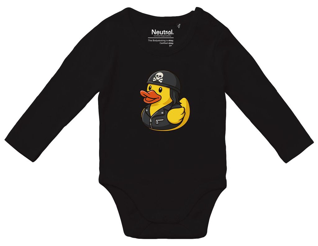 Huuraa Baby Body Quietscheente Biker Gummiente Rocker 62 Black Baumwolle Fairtrade Langarmbody Geschenkidee