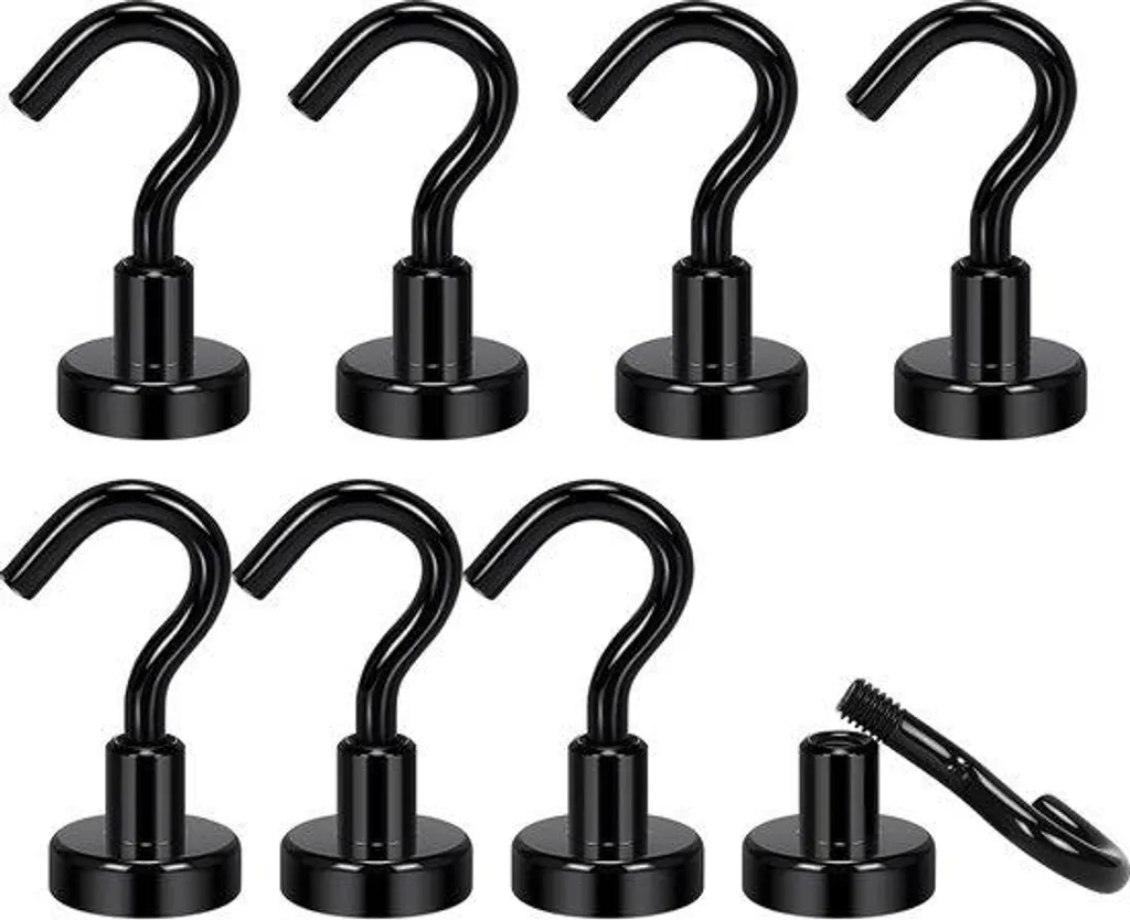 Fixation sans Trou : 8 Crochets Magnétiques Noirs 8kg pour Tout Ranger