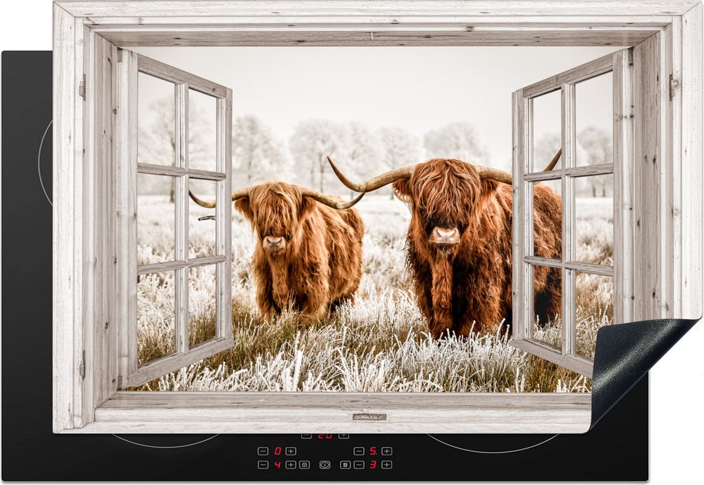KitchenYeah Herdabdeckplatte Durchblick - Schottische Highlander - Tiere , 78x52cm, Küche Deko, Glaskeramikkochfeld Herdabdeckung, Abdeckplatte ...
