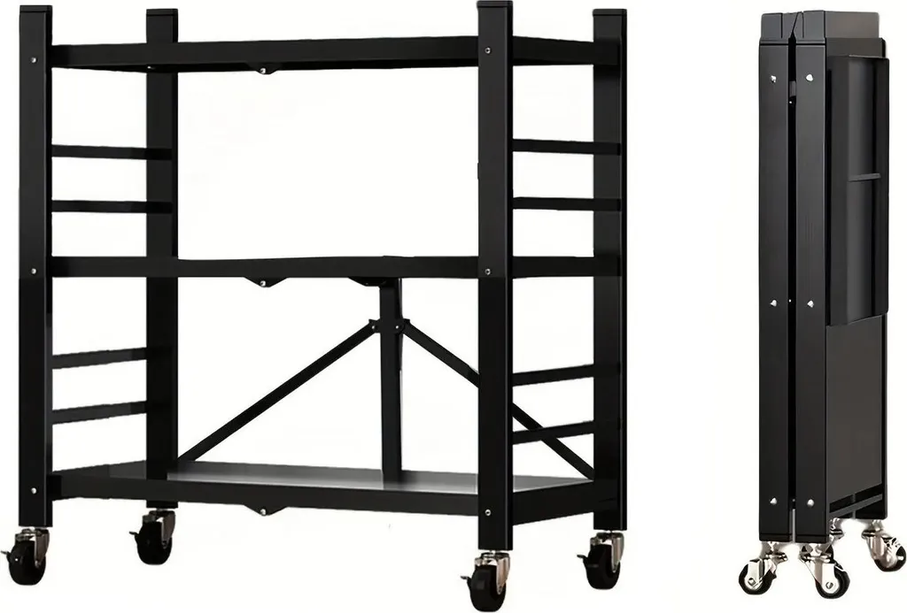 Scaffale Pieghevole in Acciaio Nero con Rotelle 3 Ripiani Autoportante