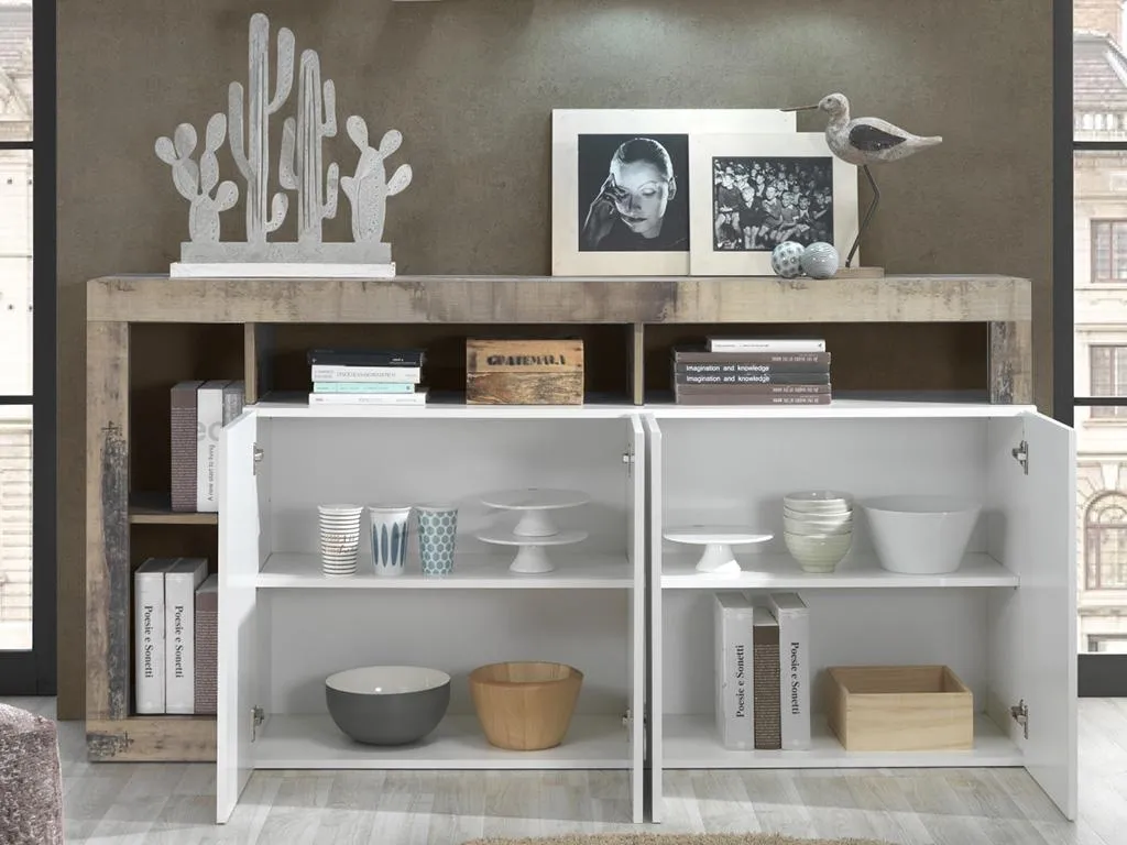 Buffet de Salle à Manger Maestro 4 Portes Rangement Bois et Blanc