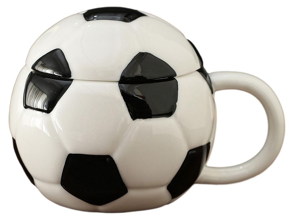 Sport-Kaffeebecher mit Deckel, Fußball- und Baseballmotiv, Keramiktasse, schwarz-weiß kariert, rote Ziernähte, auslaufsicher, mikrowellengeeigne...