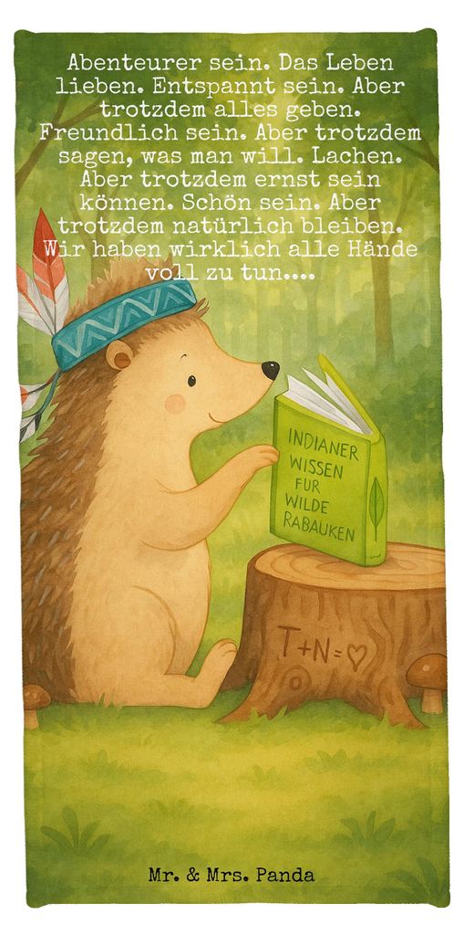 Mr. & Mrs. Panda Badehandtuch Igel Federschmuck Design - Blau Pastell - Geschenk, Frottier, Strandtuch, Abenteuer, Sport Handtuch, Duschtuch, India...