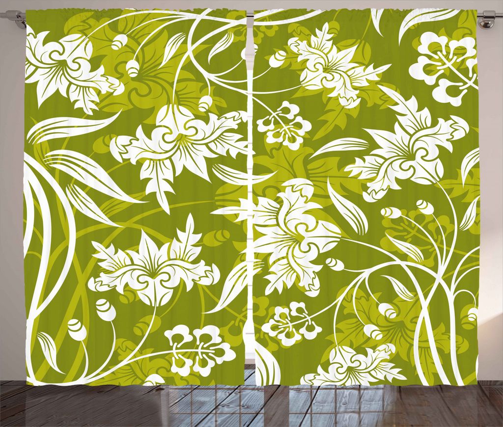 ABAKUHAUS Blumen Rustikaler Vorhang, Grüne Blumenmuster, Wohnzimmer Universalband Gardinen mit Schlaufen und Haken, 280 x 245 cm, Hellgrün Weiß