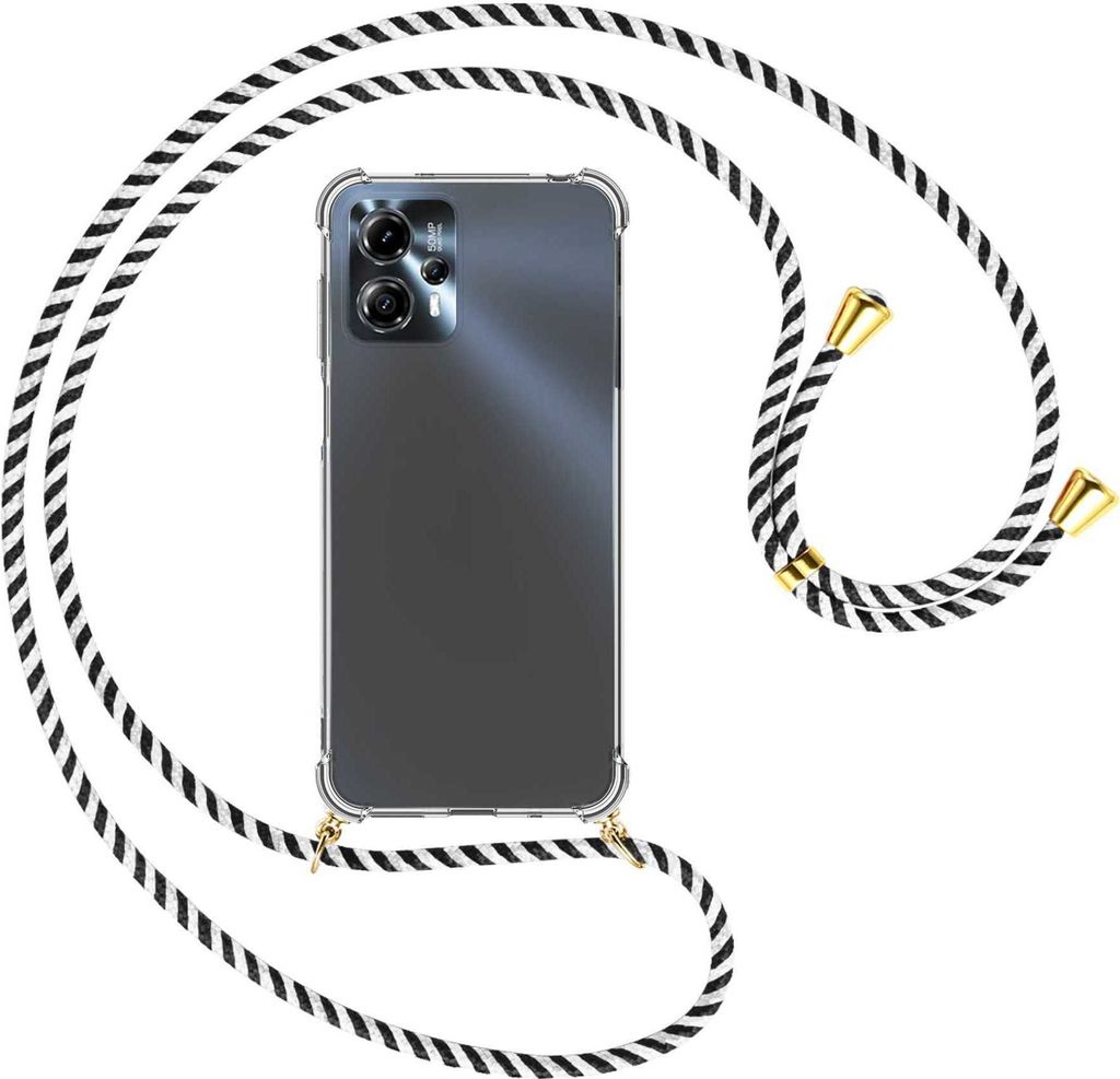 Handykette Backcover-Schutzhülle mit Band (Metall goldfarben) für Motorola Moto G13, Moto G23 (6.5'') - schwarz/weiß gestreift