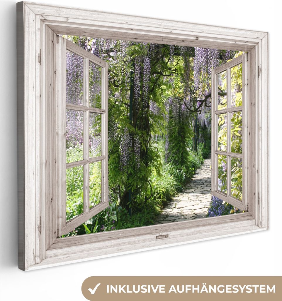 MuchoWow - Leinwandbilder - Blauer Regen - Blumen - Aussicht - Baum - Frühling, Wandbild, Wanddeko Bilder Wohnzimmer, 120x90 cm