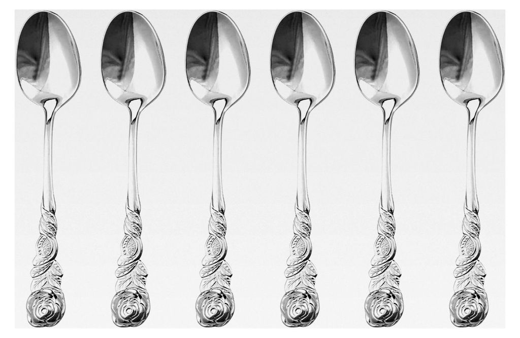 Espressolöffel 6-teilig, Edelstahl, Rosendekor, silberfarben