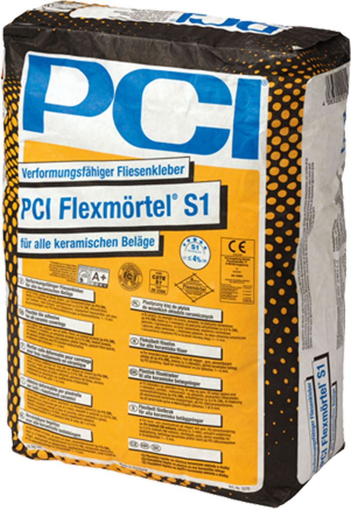 A bag of PCI Flexmoertel S1 tile adhesive.