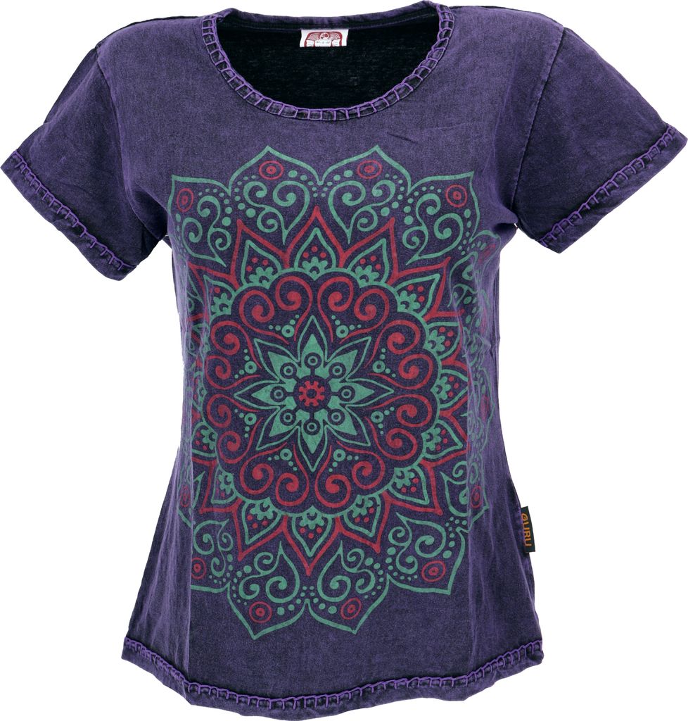 Boho T-Shirt mit Mandaladruck, Stonewashed T-Shirt - Violett, Damen, Baumwolle, Größe: L