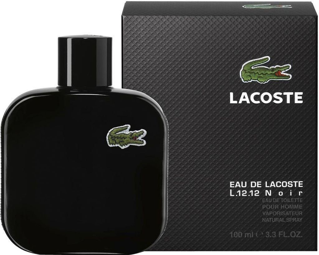 A black bottle of Lacoste L.12.12 Noir Eau de Toilette and its matching black textured box are displayed against a white background.