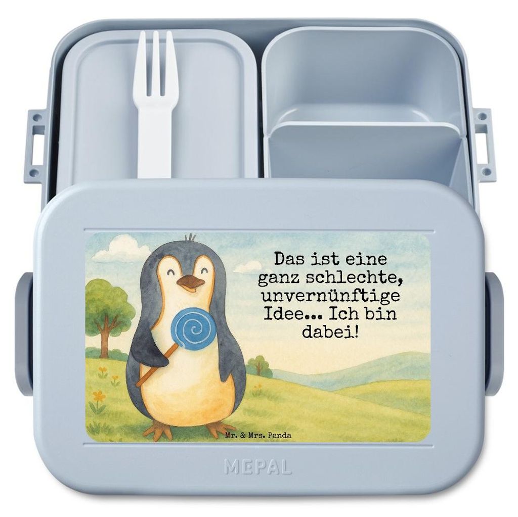 Mr. & Mrs. Panda Bentobox Pinguin Lolli Design - Blau Pastell - Geschenk, Süßigkeiten, Spruch, Bento-Brotdose, Snackbox, Frischhaltedose, Unvern...