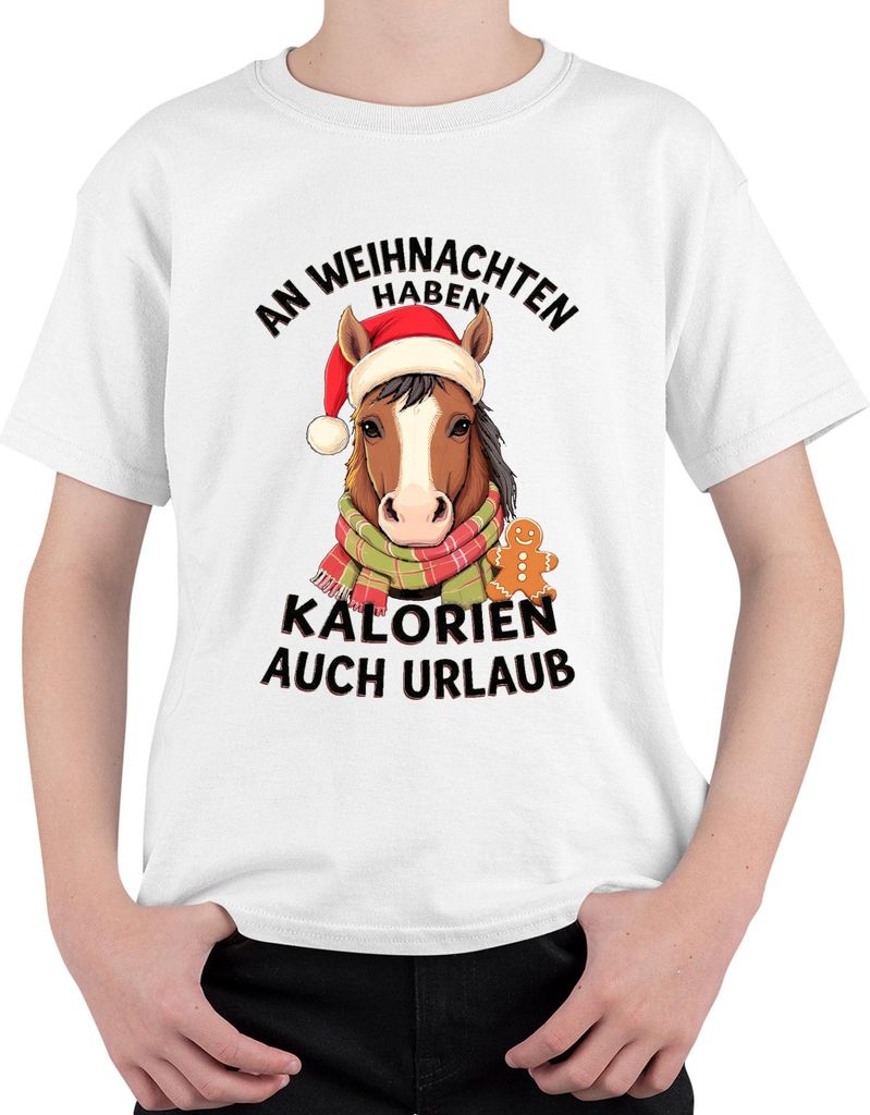 Weihnachten Kalorien auch Urlaub Pferd lustig Geschenk Reiter Uni Kinder T-Shirt, Weiß, 116