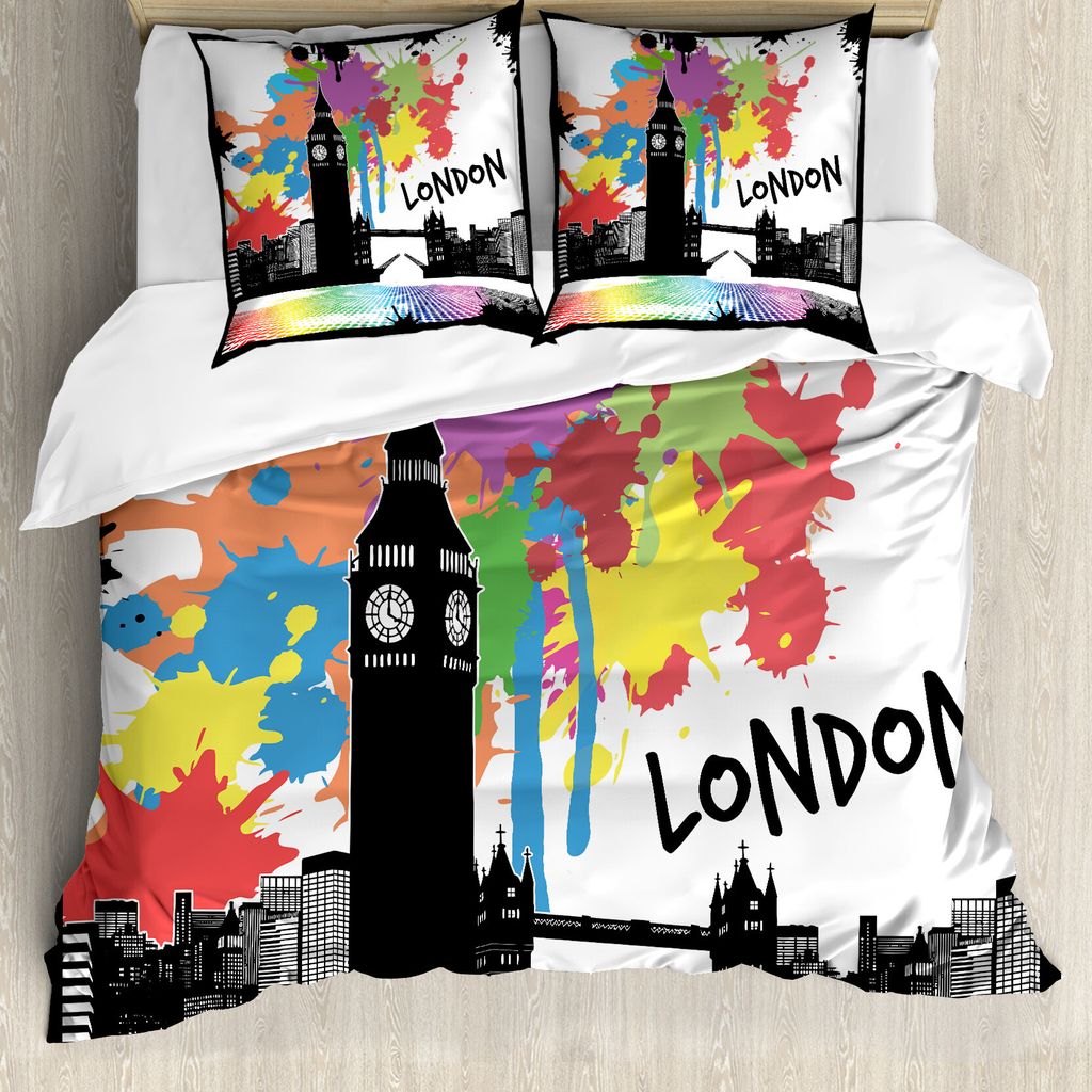 ABAKUHAUS Retro Bettbezug, Bunte London Blick auf die Stadt, Milbensicher Allergiker geeignet mit Kissenbezügen, 200 cm x 200 cm - 80 x 80 cm, Meh...