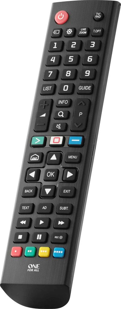 A black remote control with various buttons is shown against a white background.