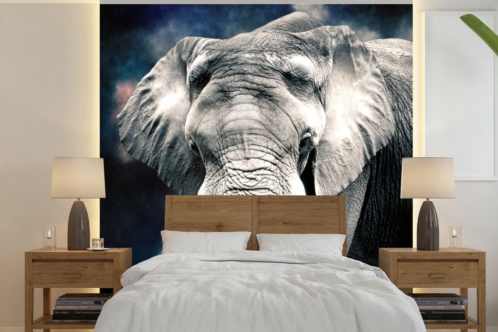 MuchoWow Fototapete für Wohnzimmer oder Schlafzimmer Wandtapete Vinyl Motivtapete Elefant - Rauchen - Zähne - 350x350 cm - Schlafzimmertapete