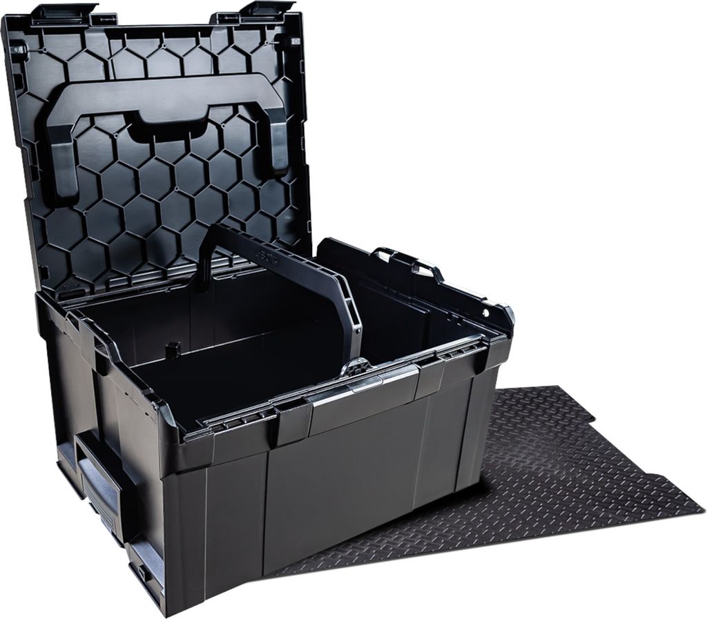 A black tool box with its lid open, sitting on a black textured mat.