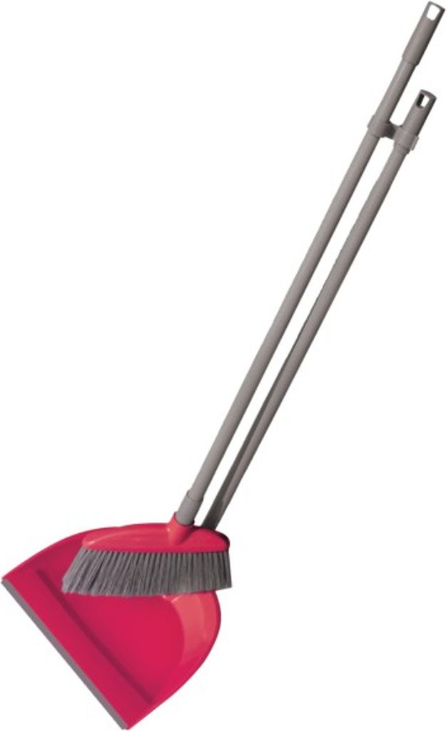 A red dustpan and a gray broom are shown against a white background.