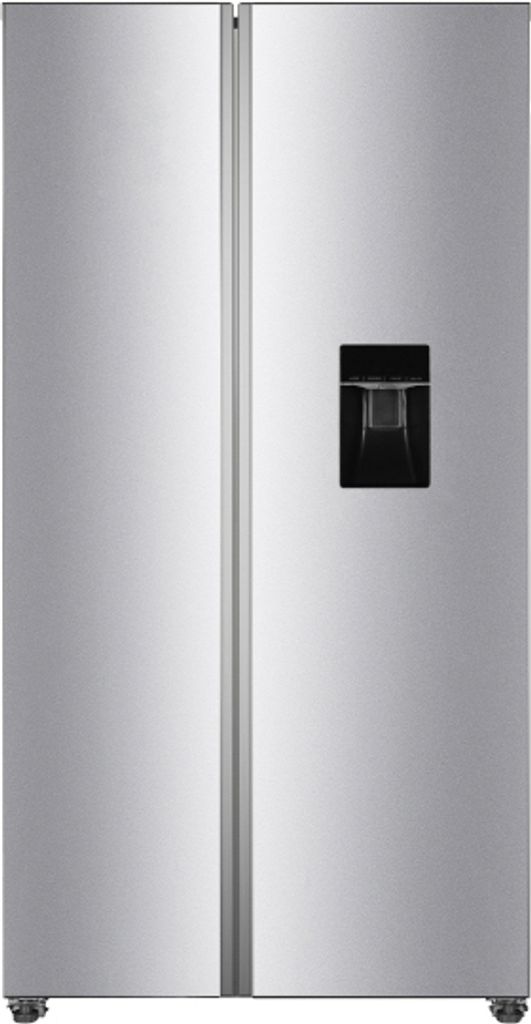 A front view of a silver side-by-side refrigerator with a water dispenser on the right door.