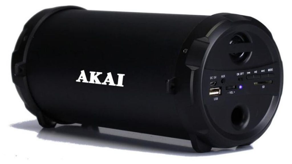 A black Akai portable speaker is shown against a white background.