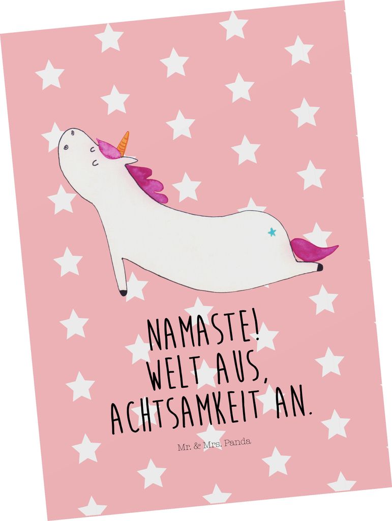 Mr. & Mrs. Panda Postkarte Einhorn Yoga - Rot Pastell - Geschenk, Fotokarte, Grußkarte, Namaste, Postkarten, Einhörner, Ansichtskarte, Süß, Uni...