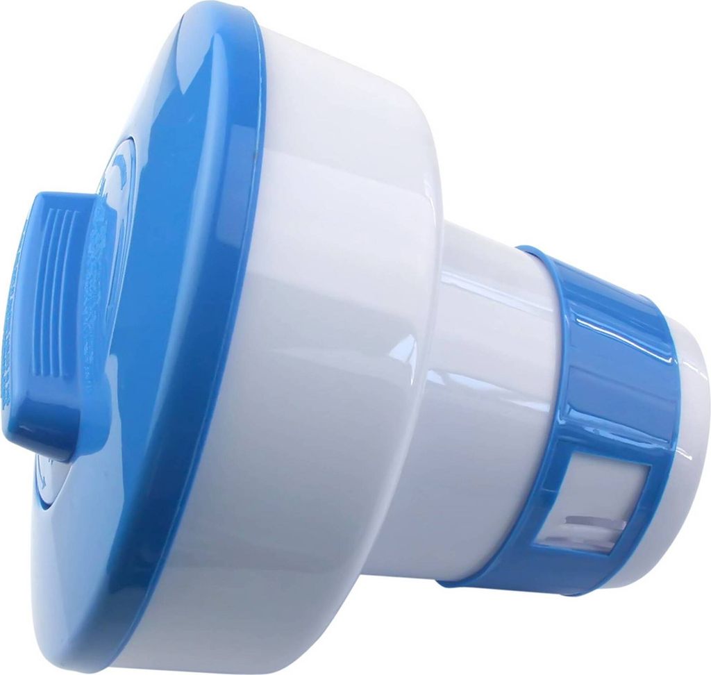 A white and blue pool chemical dispenser floats on a white background.