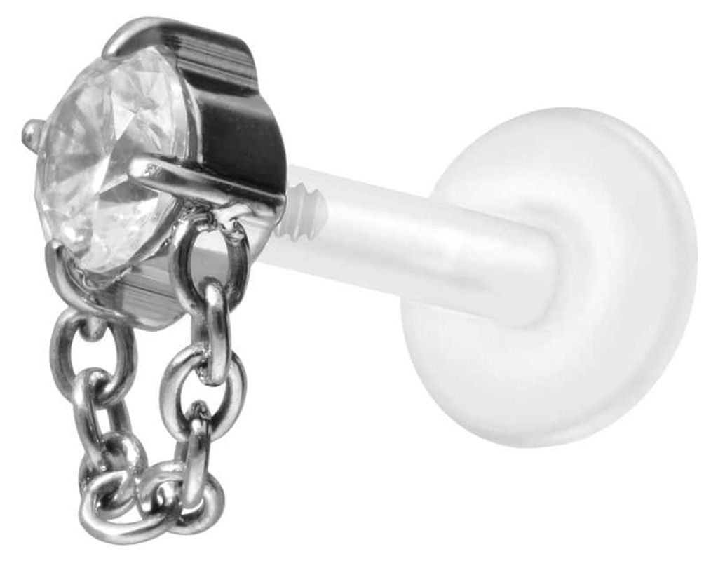Ohrpiercing, Nasenpiercing PTFE Labret mit Innengewinde + Titan-Aufsatz KRISTALL + KETTE Silber Stablänge: 9mm | Stabstärke: 1,2mm