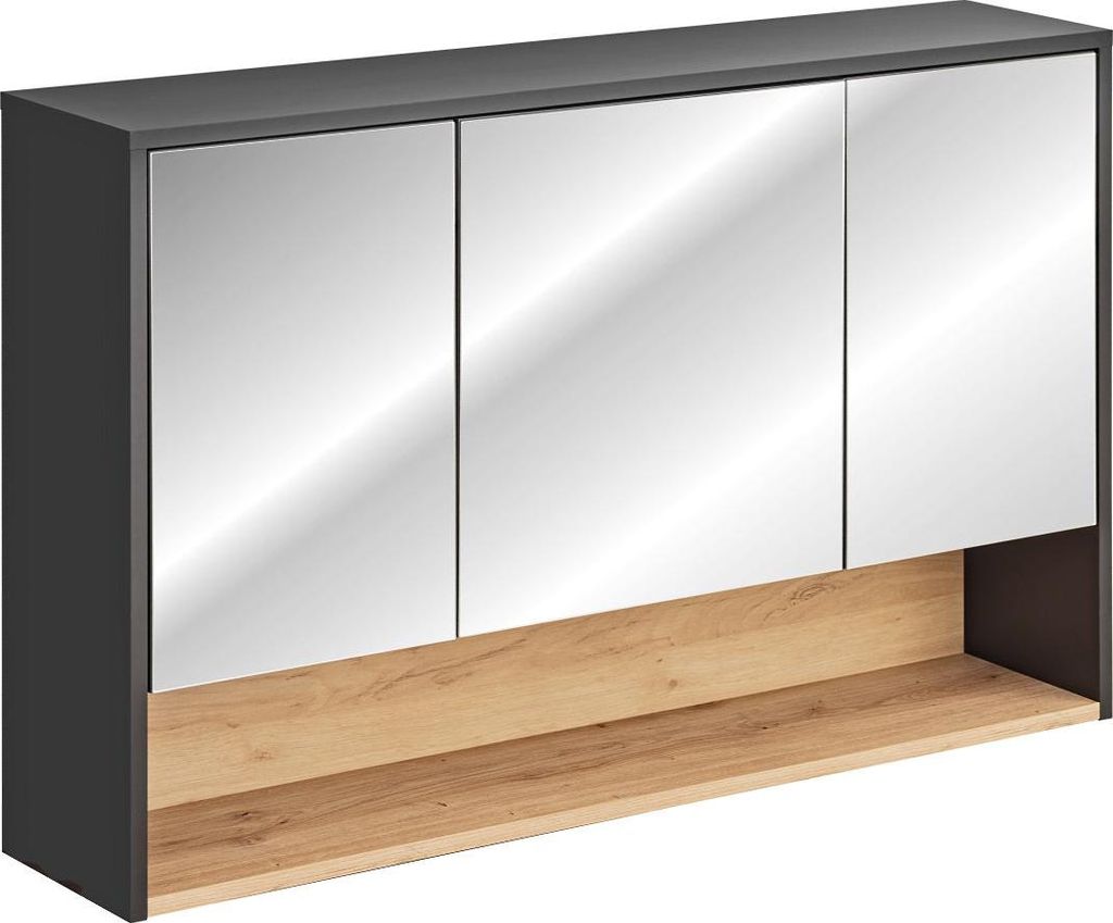 FURNLUX Spiegelschrank Borneo Graphit Und Eiche Und Spiegel Grau 120cm / Hauptfarbe: Schwarz / Abmessungen: 120 x 75 x 25 cm