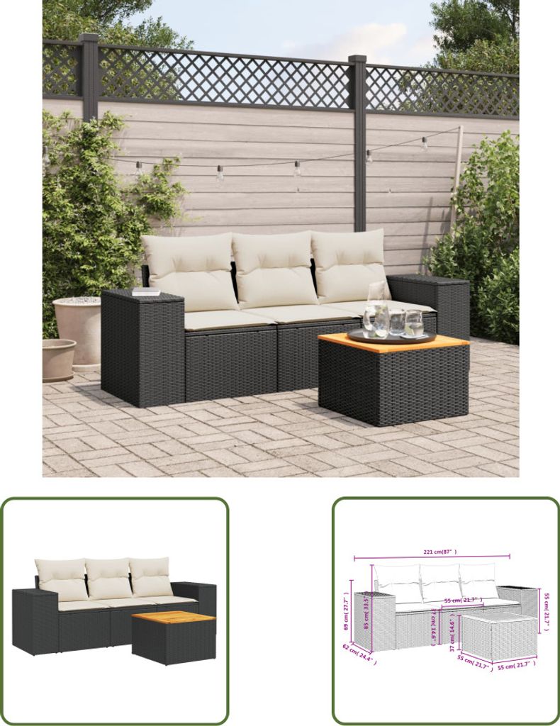 The Living Store 4-tlg. Garten-Sofagarnitur mit Kissen Schwarz Poly Rattan